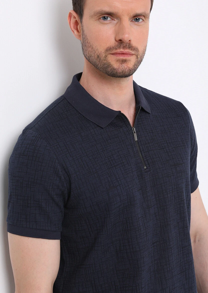 Navy Blue Jacquard Polo Neck Cotton Blended T-Shirt 