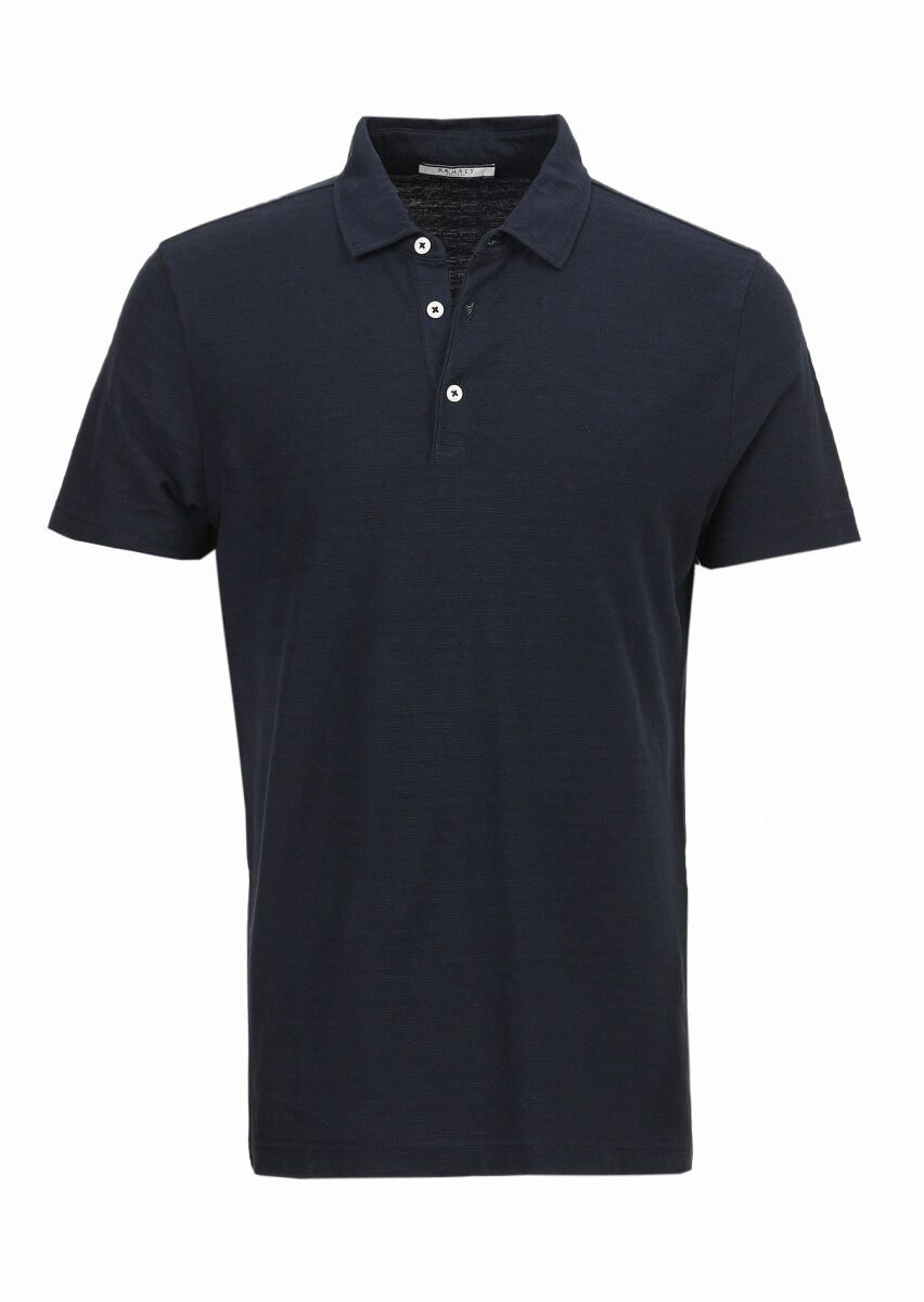 Navy Blue Jacquard Polo Neck Cotton Blended T-Shirt - 1