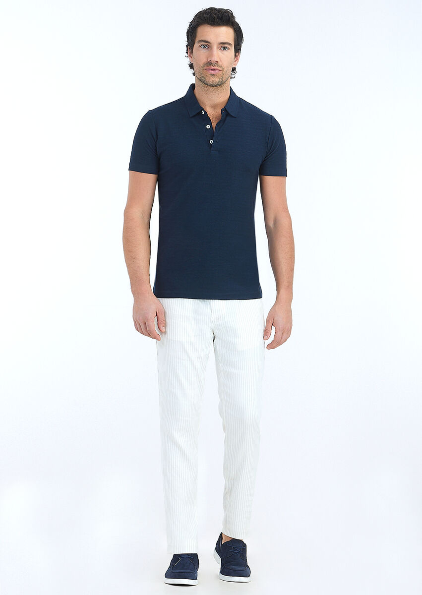 Navy Blue Jacquard Polo Neck Cotton Blended T-Shirt - 1