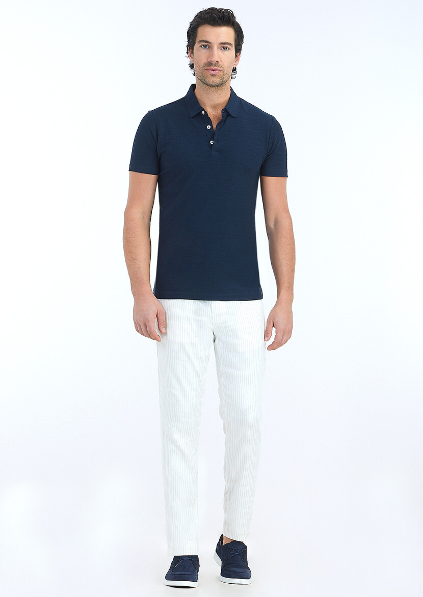 Navy Blue Jacquard Polo Neck Cotton Blended T-Shirt 