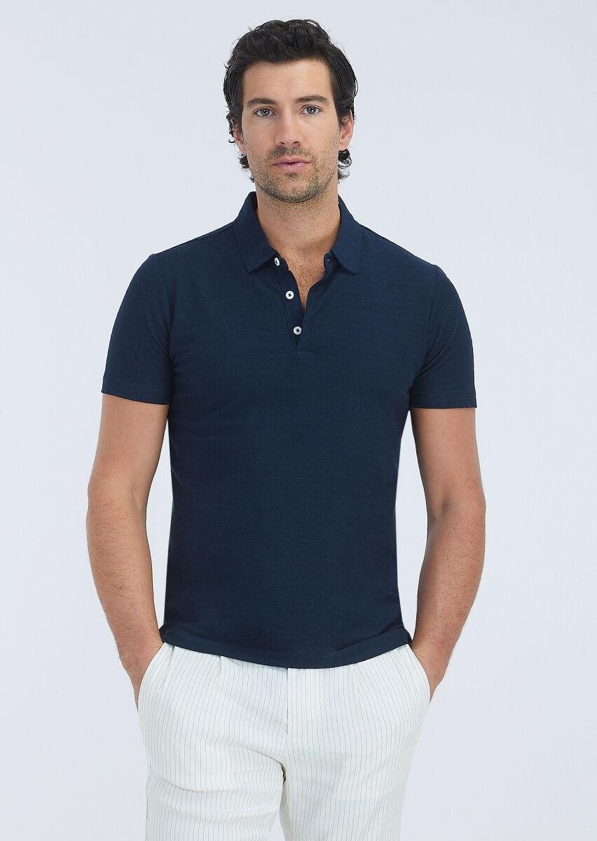 Navy Blue Jacquard Polo Neck Cotton Blended T-Shirt - 2