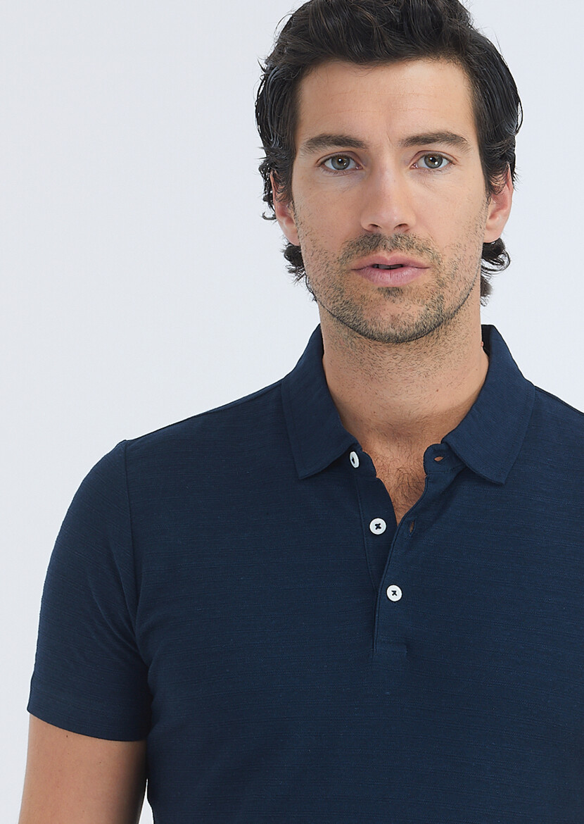 Navy Blue Jacquard Polo Neck Cotton Blended T-Shirt - 3