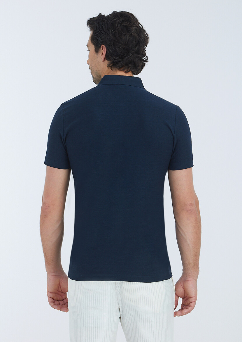 Navy Blue Jacquard Polo Neck Cotton Blended T-Shirt - 4