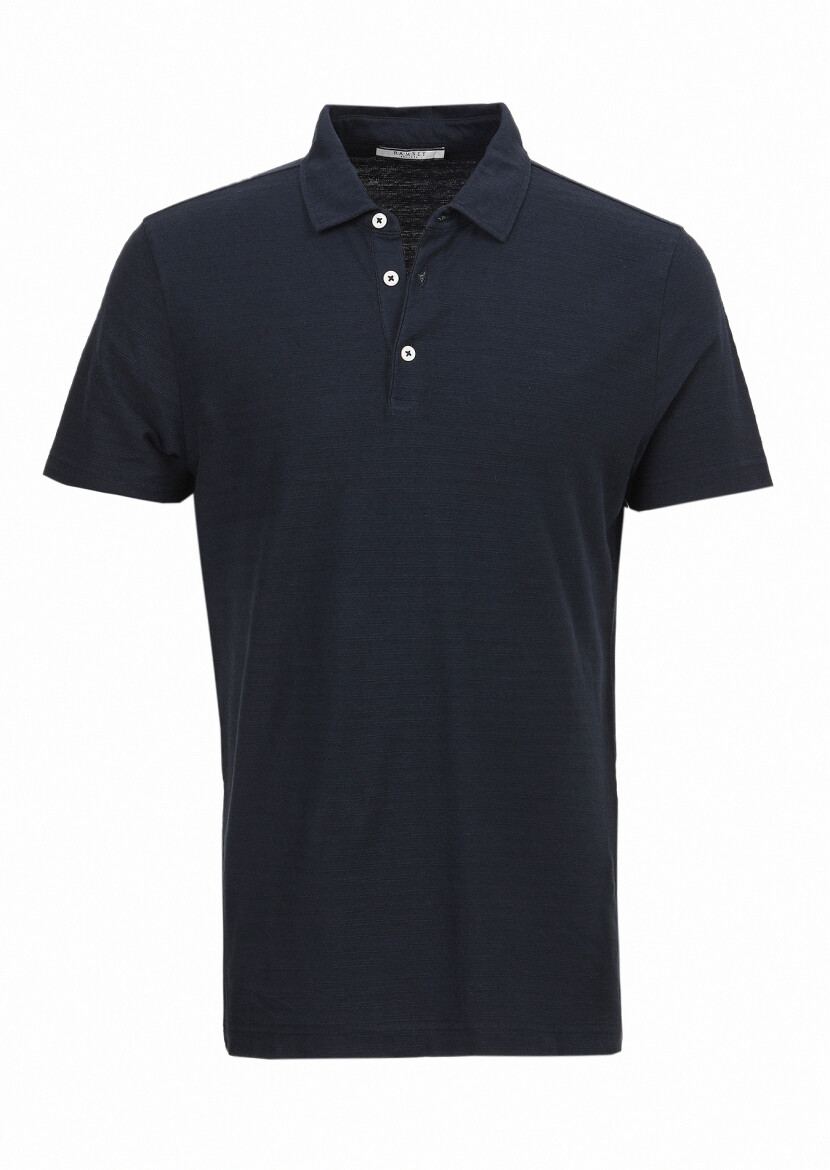 Navy Blue Jacquard Polo Neck Cotton Blended T-Shirt - 5