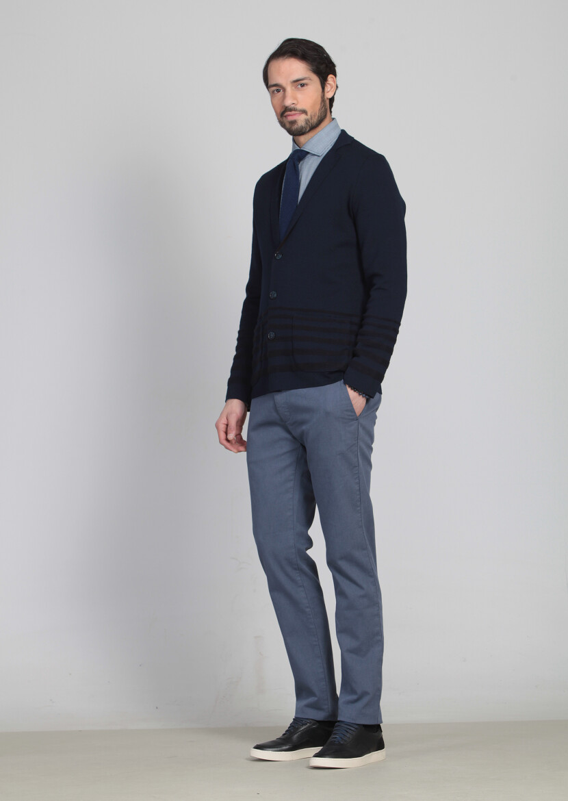 Navy Blue Jacquard Wool Blended Cardigan - 1
