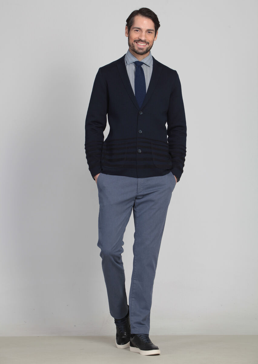 Navy Blue Jacquard Wool Blended Cardigan - 3