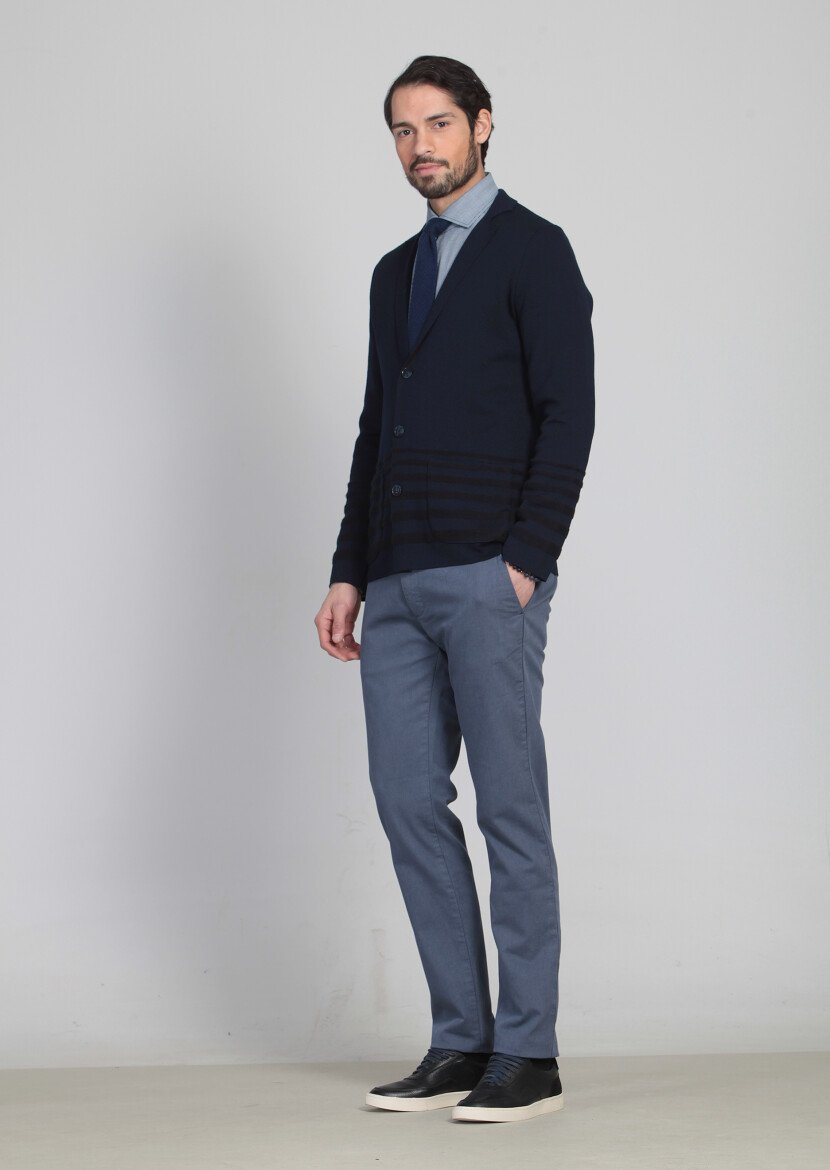 Navy Blue Jacquard Wool Blended Cardigan - 1