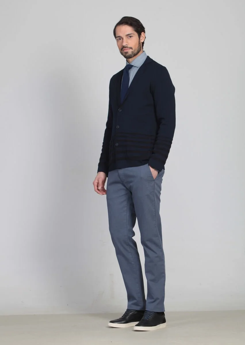 Navy Blue Jacquard Wool Blended Cardigan - 1