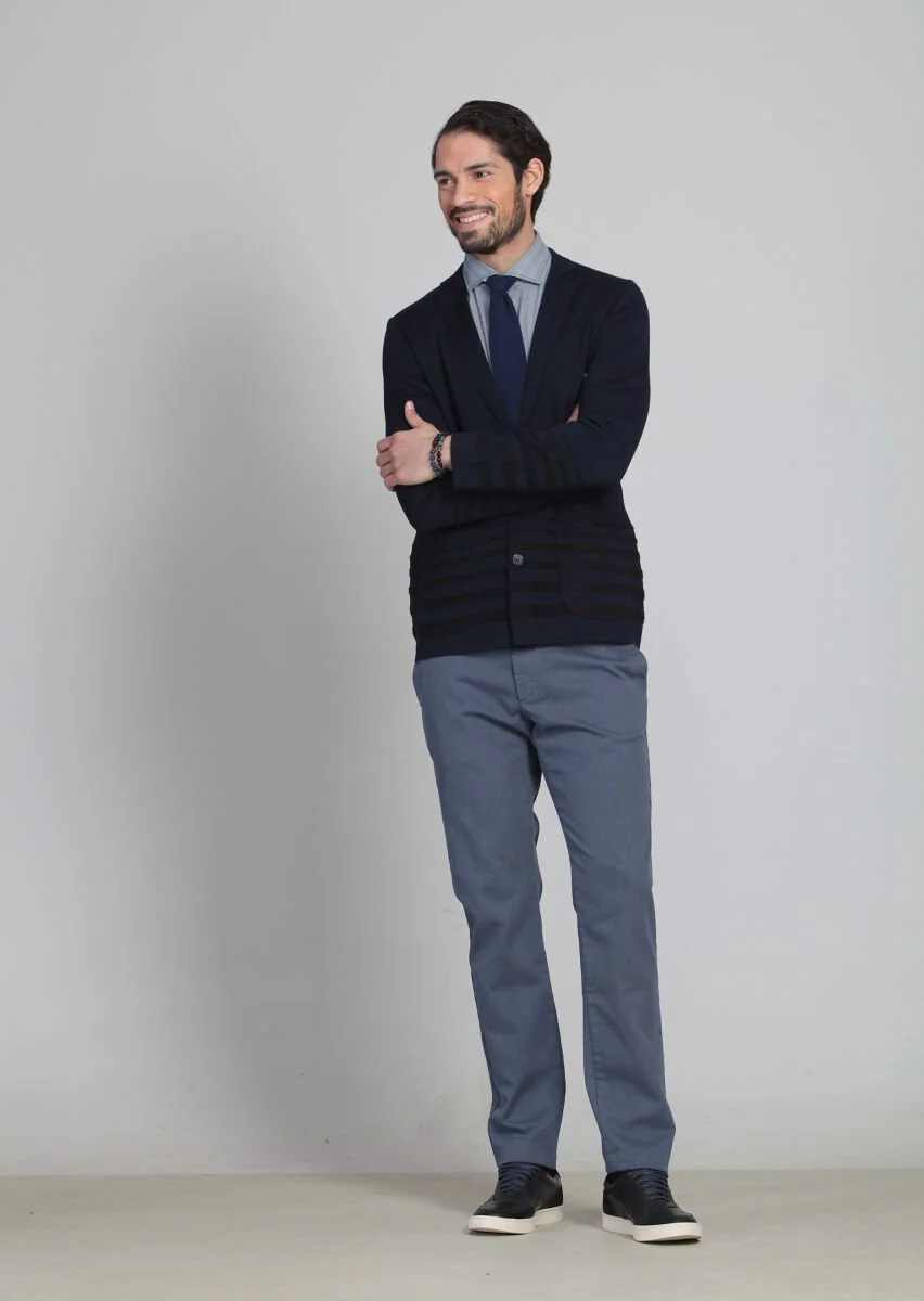 Navy Blue Jacquard Wool Blended Cardigan - 2