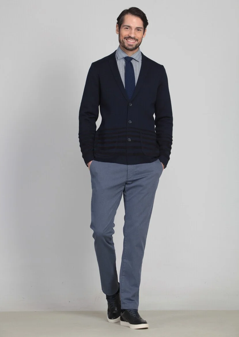 Navy Blue Jacquard Wool Blended Cardigan - 3