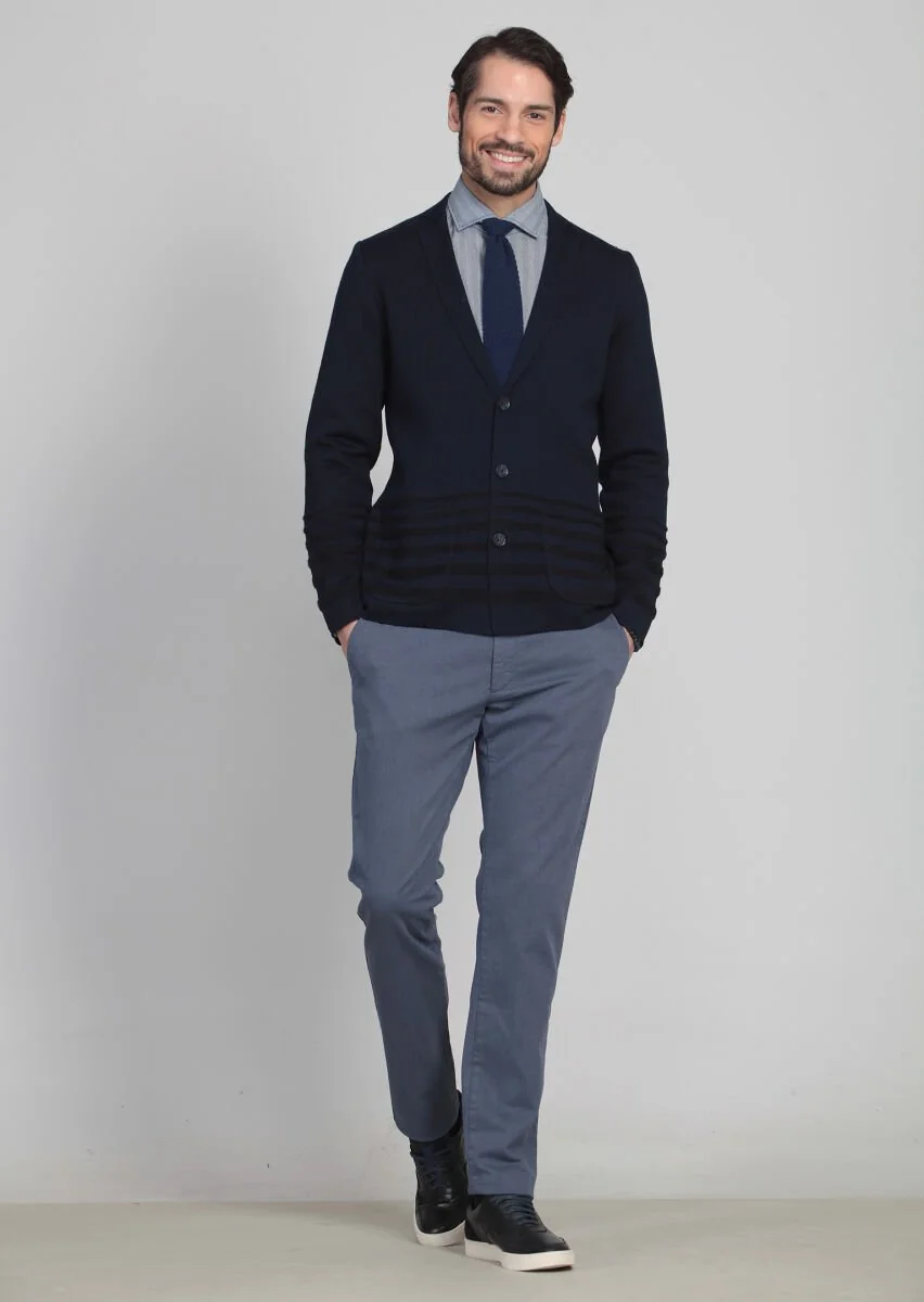Navy Blue Jacquard Wool Blended Cardigan - 3