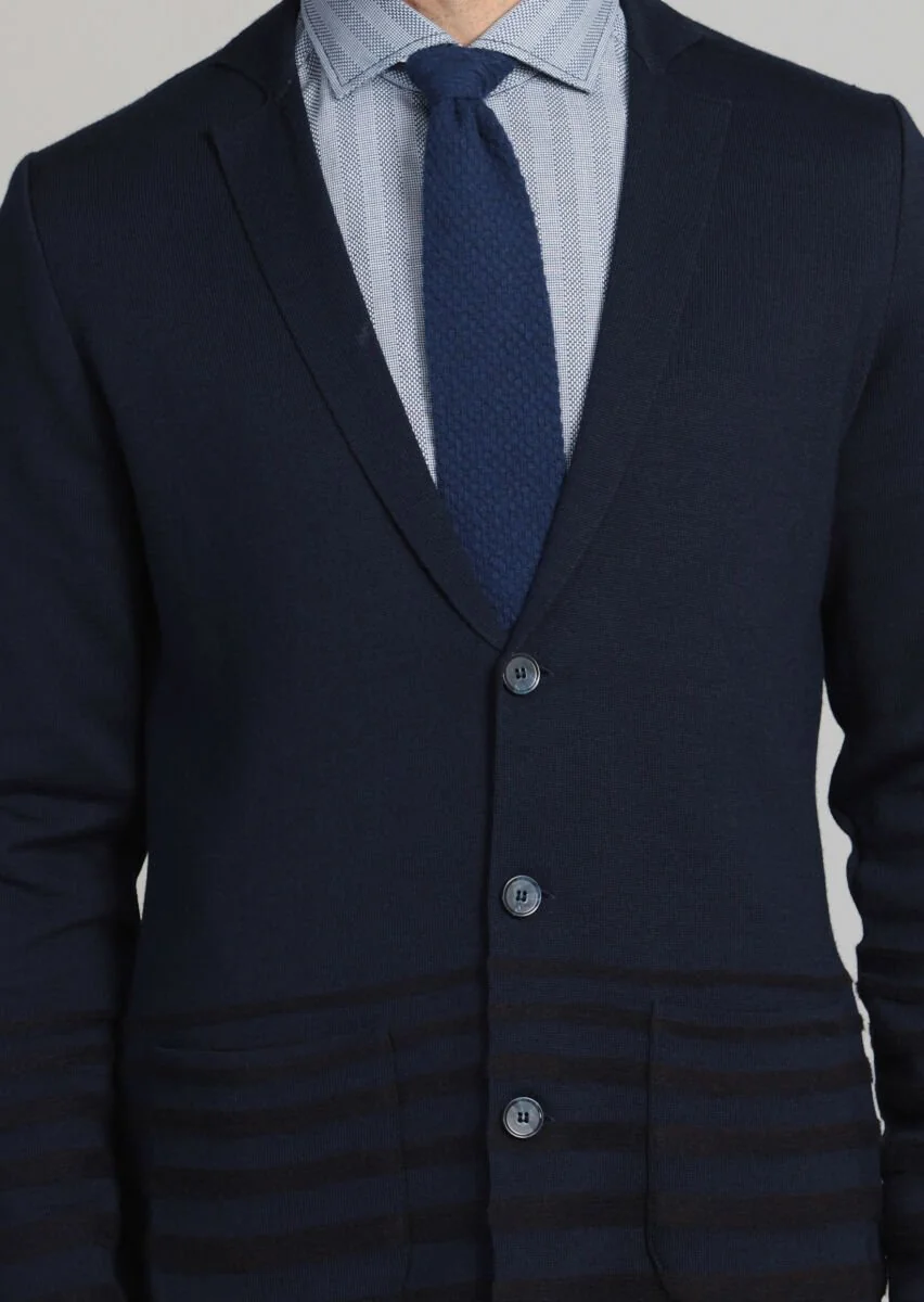 Navy Blue Jacquard Wool Blended Cardigan - 4