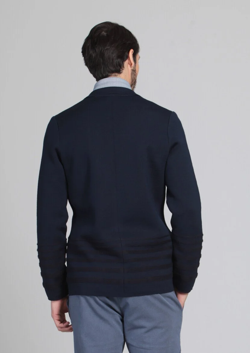 Navy Blue Jacquard Wool Blended Cardigan - 5