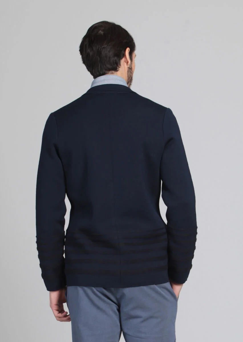 Navy Blue Jacquard Wool Blended Cardigan - 5