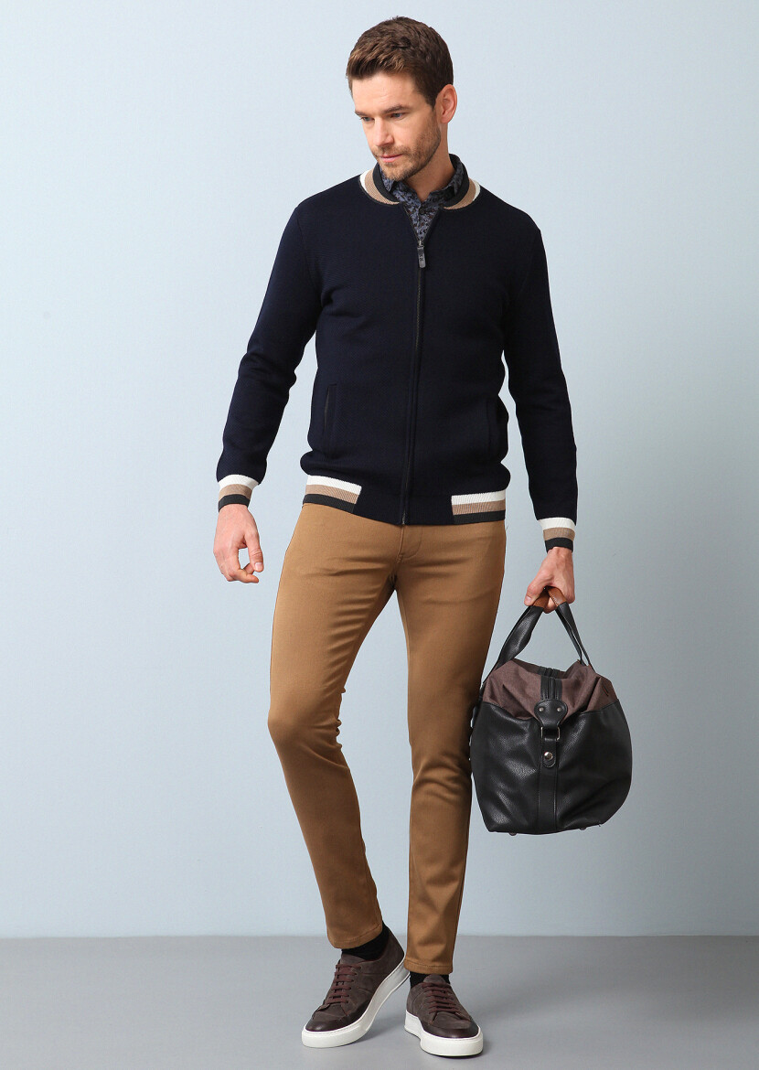 Navy Blue Jacquard Wool Blended Cardigan - 1