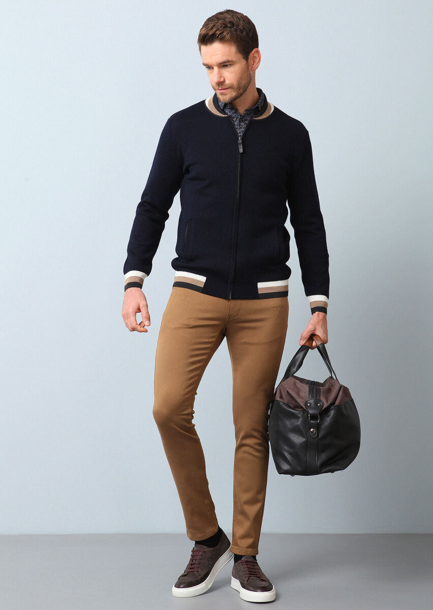 Navy Blue Jacquard Wool Blended Cardigan - 1