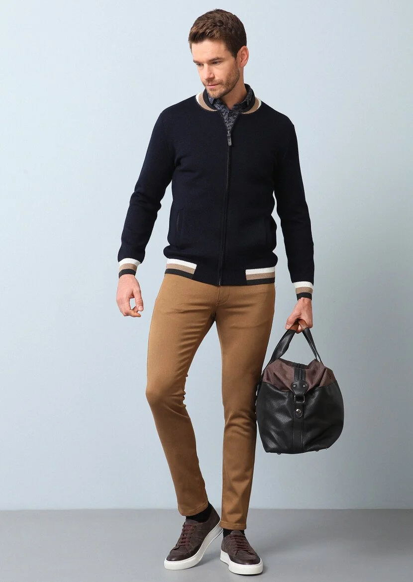 Navy Blue Jacquard Wool Blended Cardigan - 1