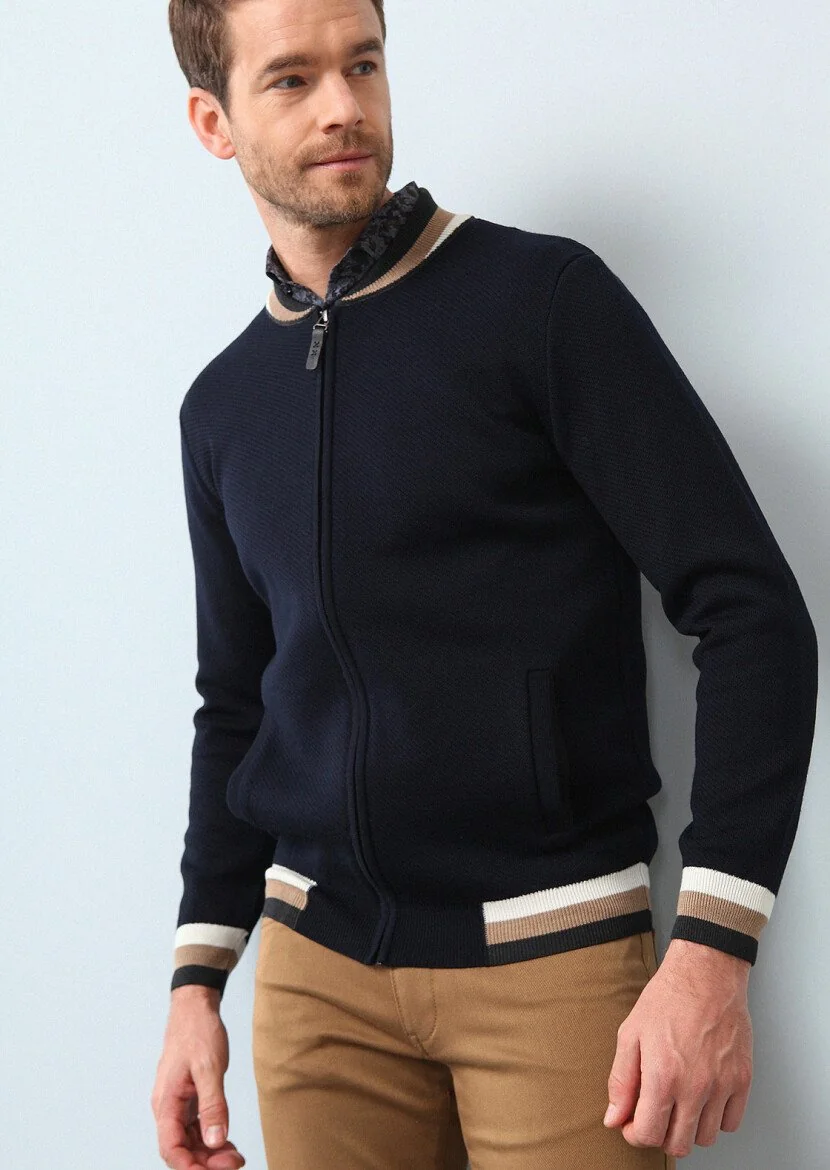 Navy Blue Jacquard Wool Blended Cardigan 