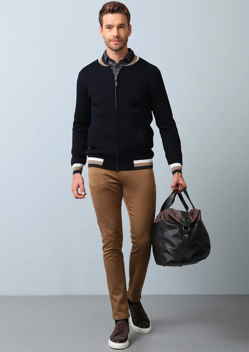 Navy Blue Jacquard Wool Blended Cardigan - 3