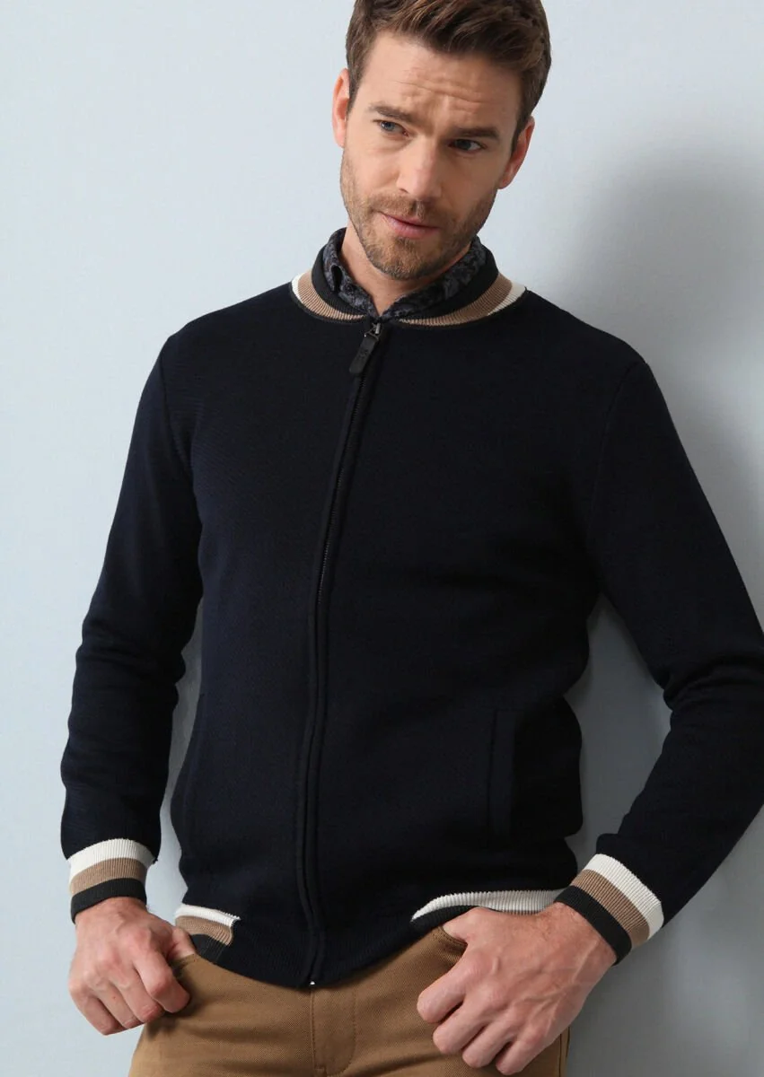 Navy Blue Jacquard Wool Blended Cardigan - 4