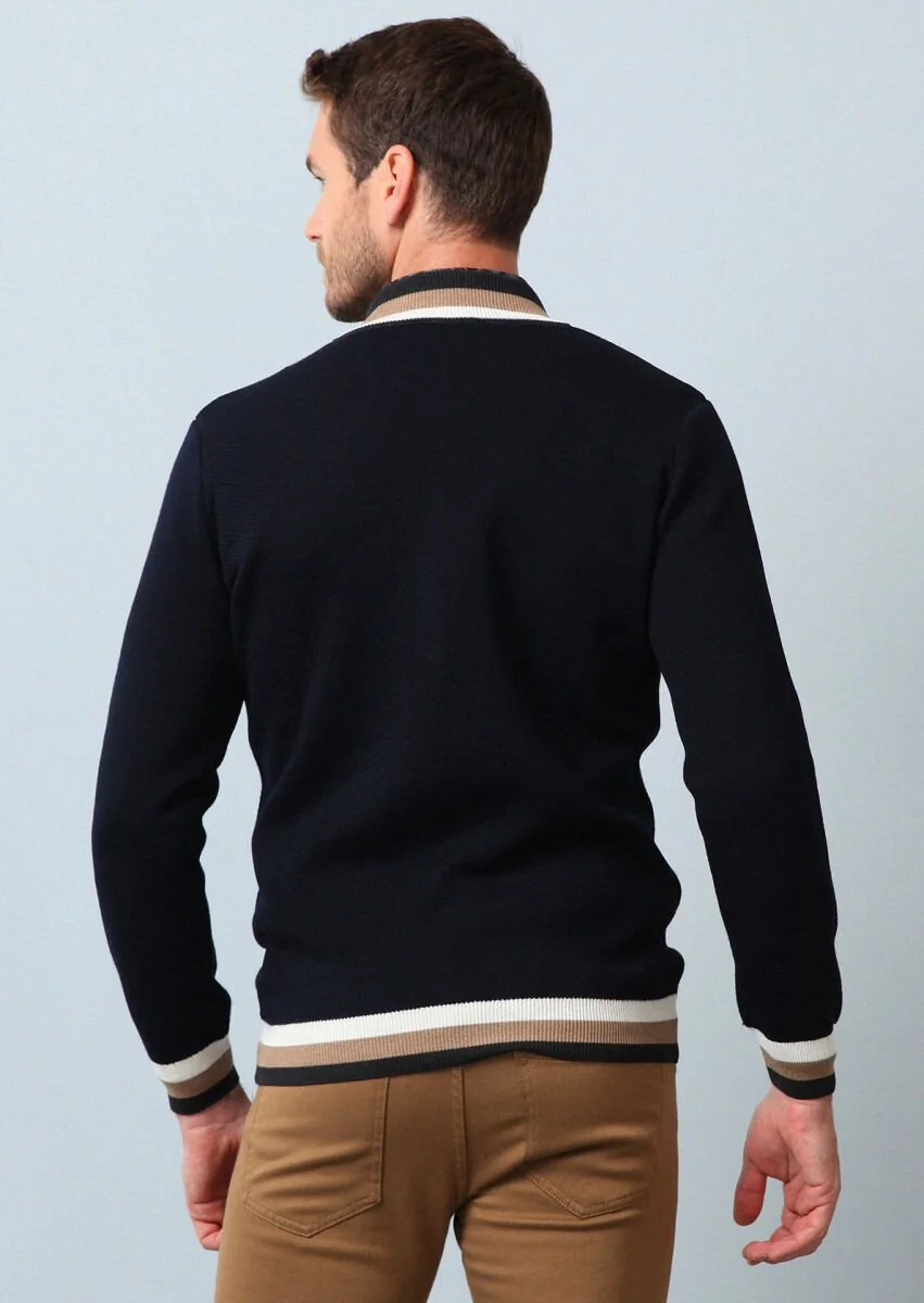 Navy Blue Jacquard Wool Blended Cardigan - 5