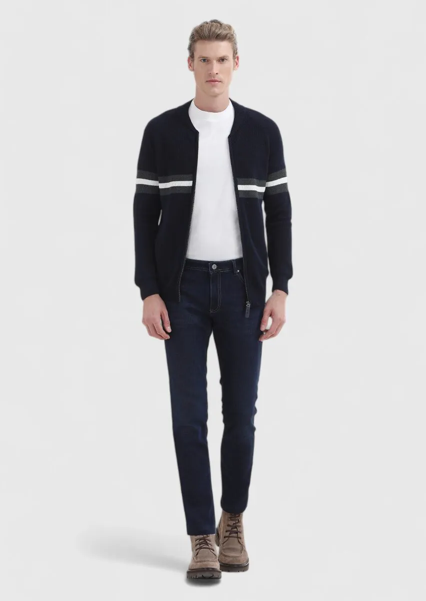 Navy Blue Jacquard Wool Blended Cardigan - 1