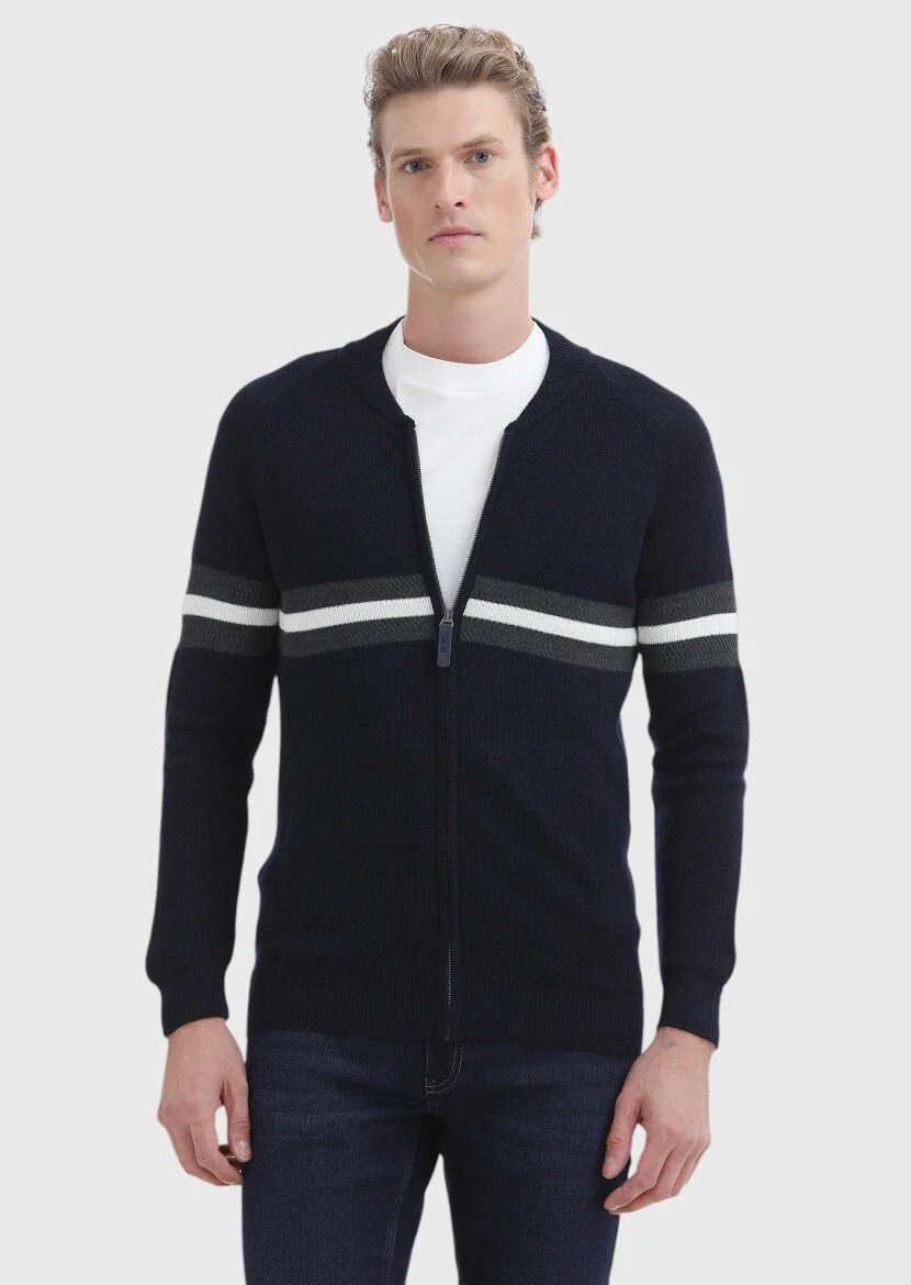 Navy Blue Jacquard Wool Blended Cardigan - 2