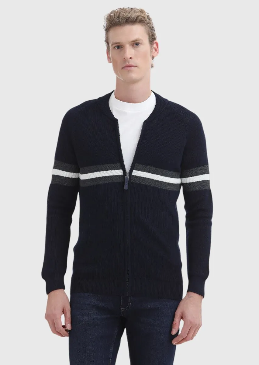 Navy Blue Jacquard Wool Blended Cardigan - 2