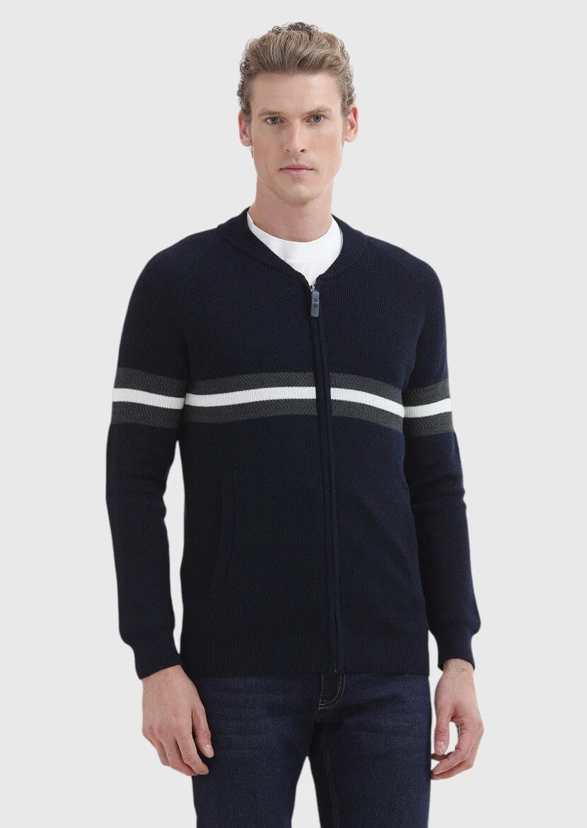 Navy Blue Jacquard Wool Blended Cardigan - 3