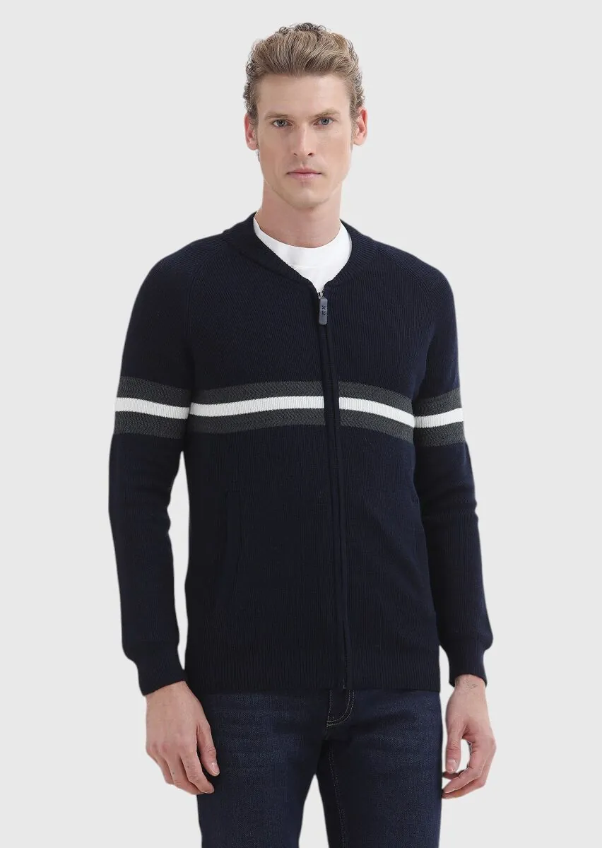 Navy Blue Jacquard Wool Blended Cardigan - 3