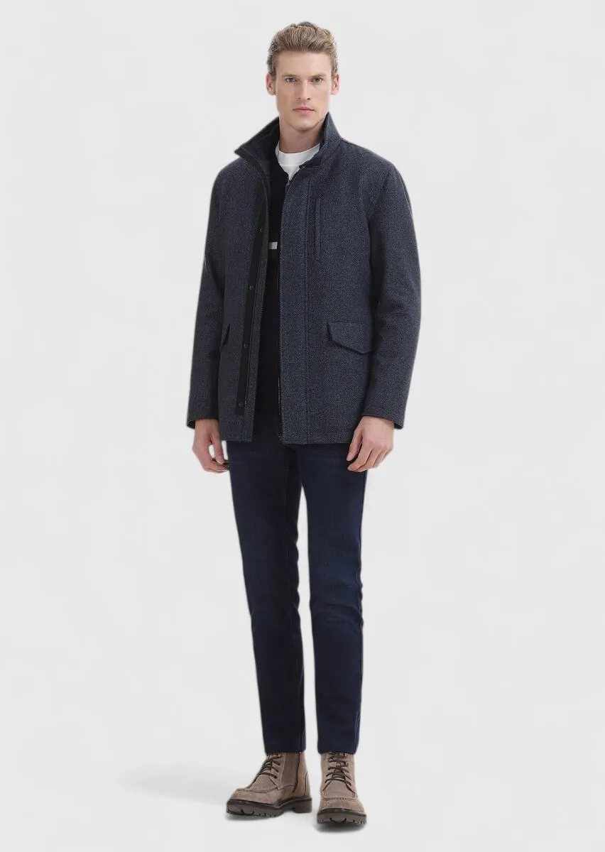 Navy Blue Jacquard Wool Blended Cardigan - 4