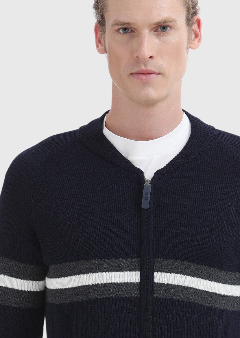 Navy Blue Jacquard Wool Blended Cardigan - 5