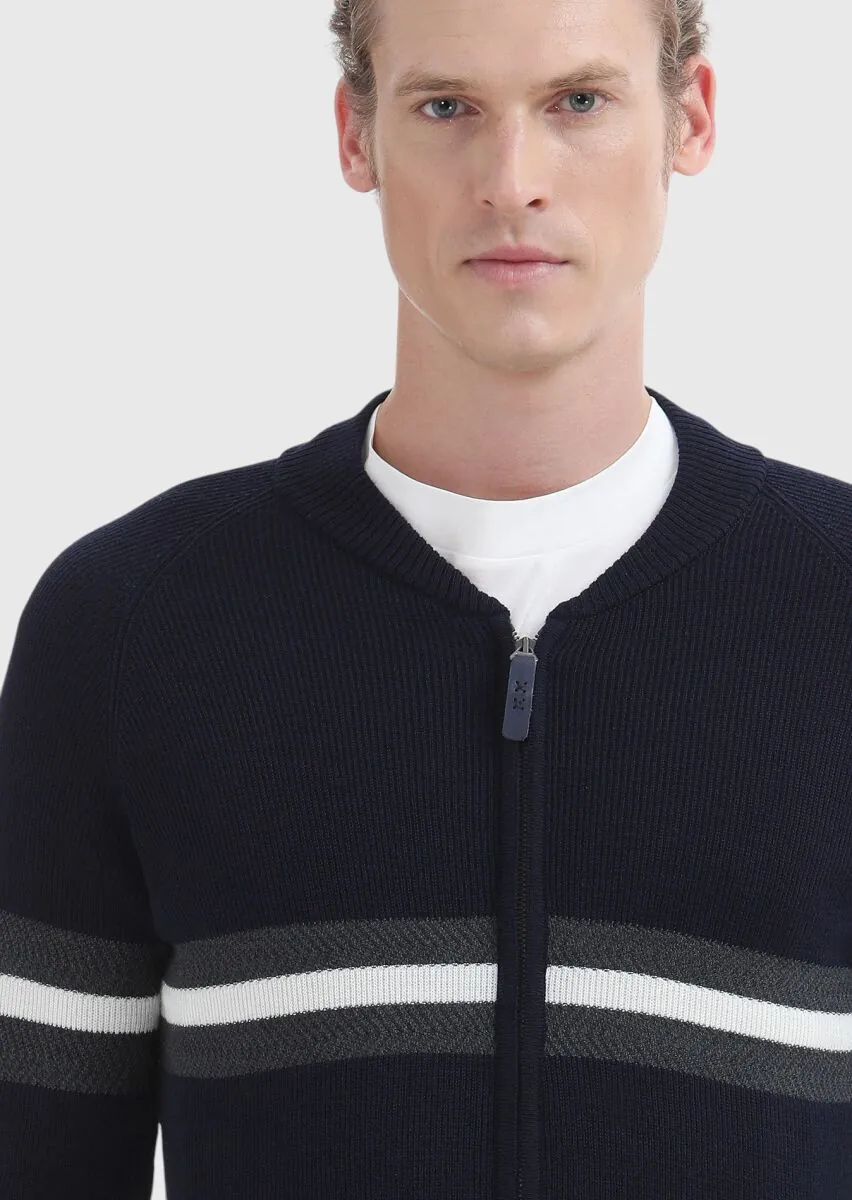 Navy Blue Jacquard Wool Blended Cardigan - 5