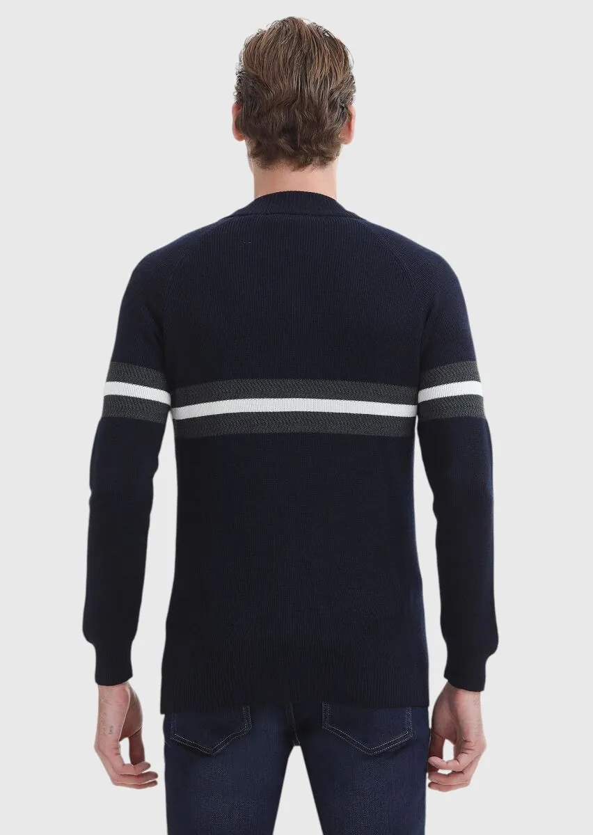 Navy Blue Jacquard Wool Blended Cardigan - 6