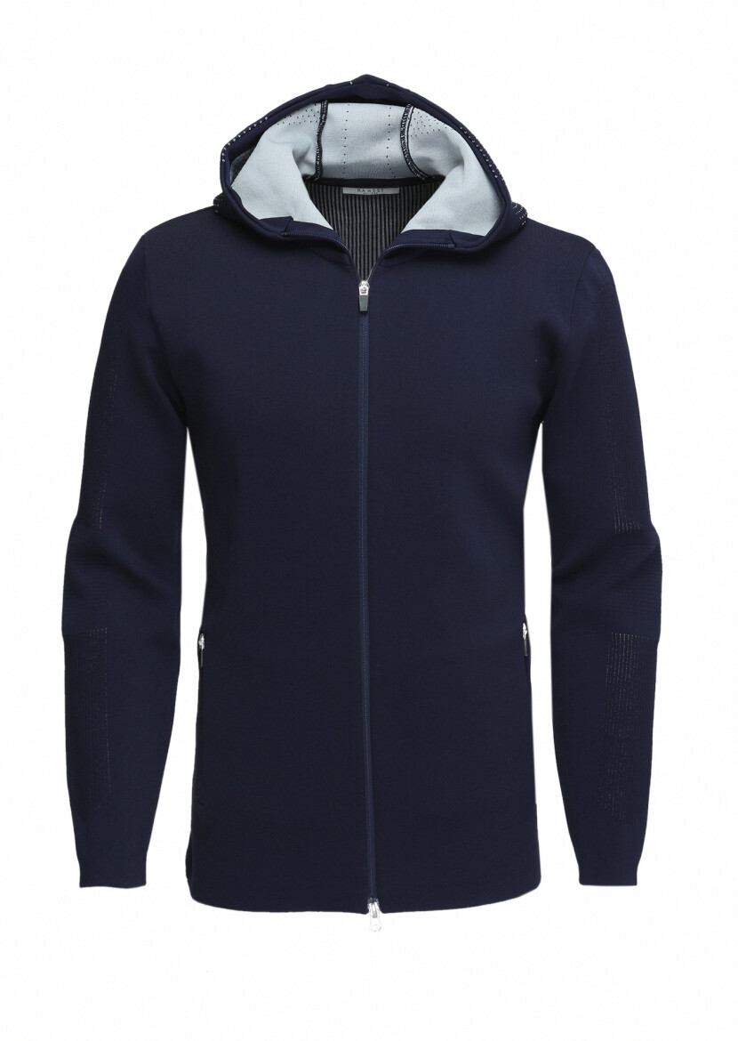 Navy Blue Jacquard Wool Blended Cardigan 