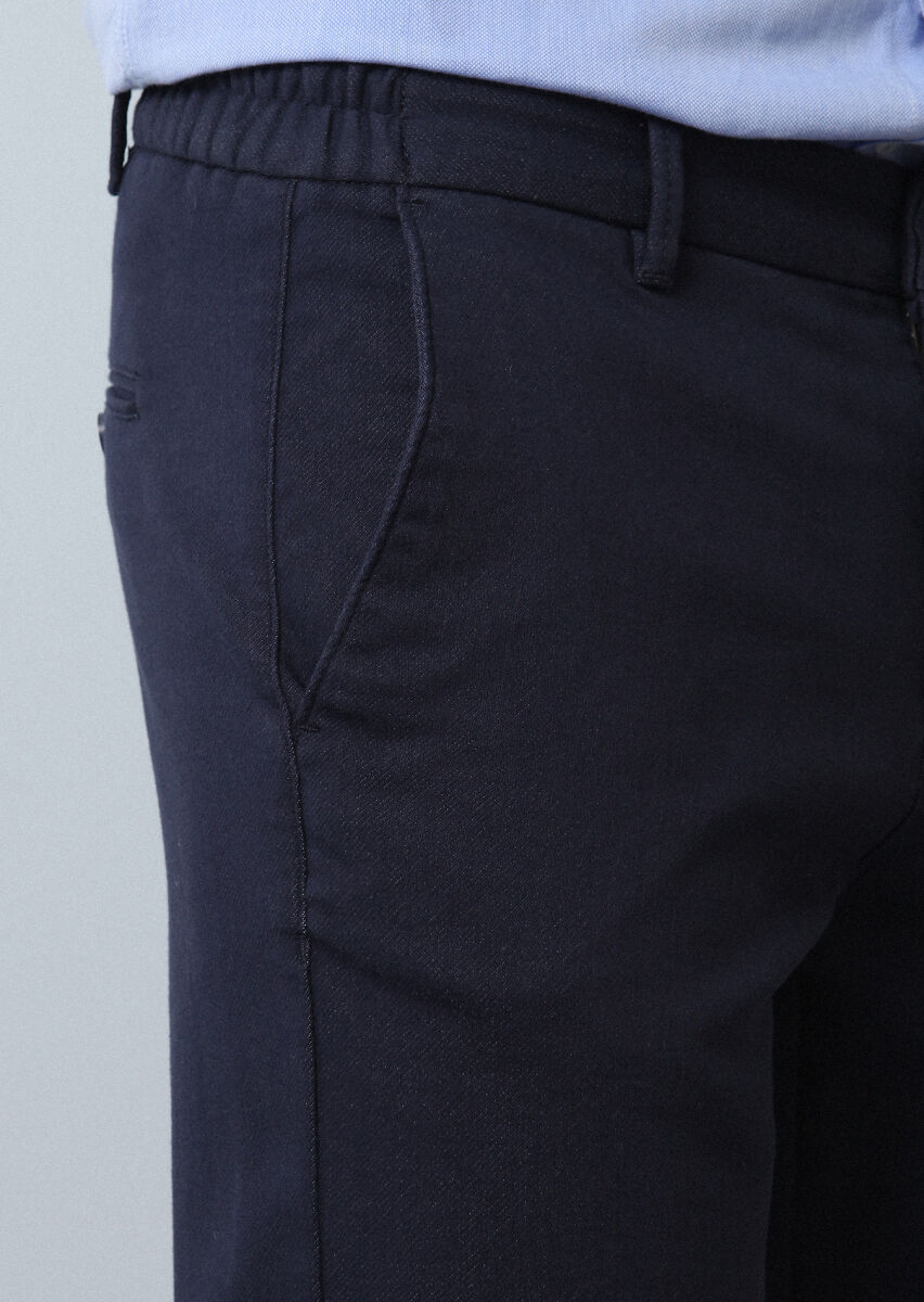 Navy Blue Knitting Jogging Fit Casual Cotton Blended Trousers - 3