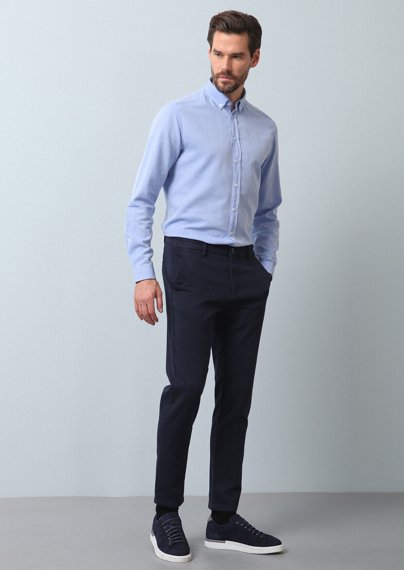 Navy Blue Knitting Jogging Fit Casual Cotton Blended Trousers - 4
