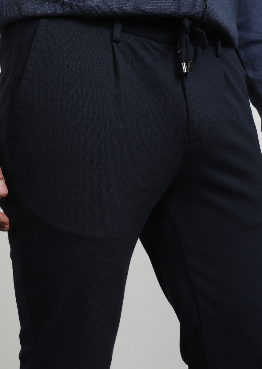 Navy Blue Knitting Jogging Fit Casual Cotton Blended Trousers - 2