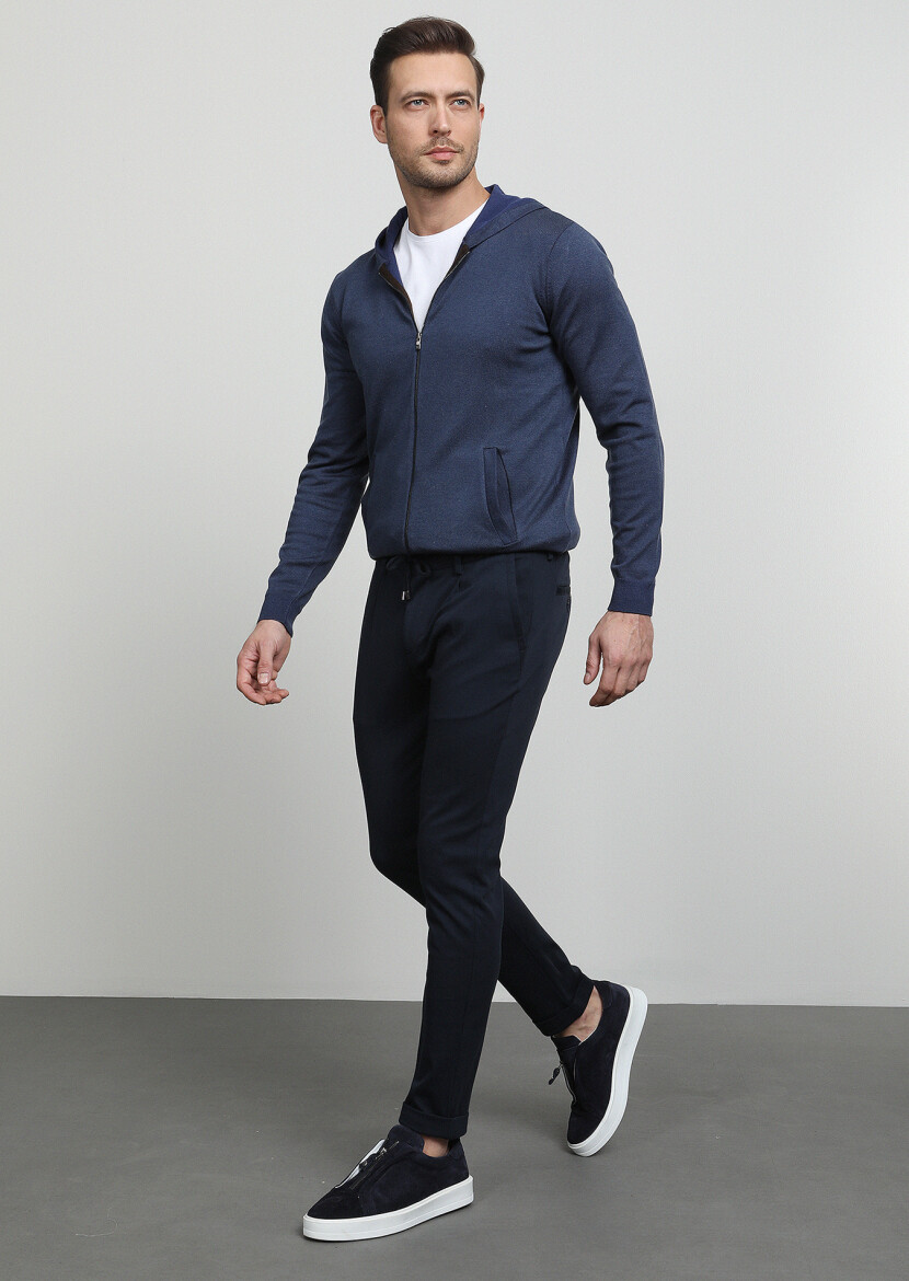 Navy Blue Knitting Jogging Fit Casual Cotton Blended Trousers - 3