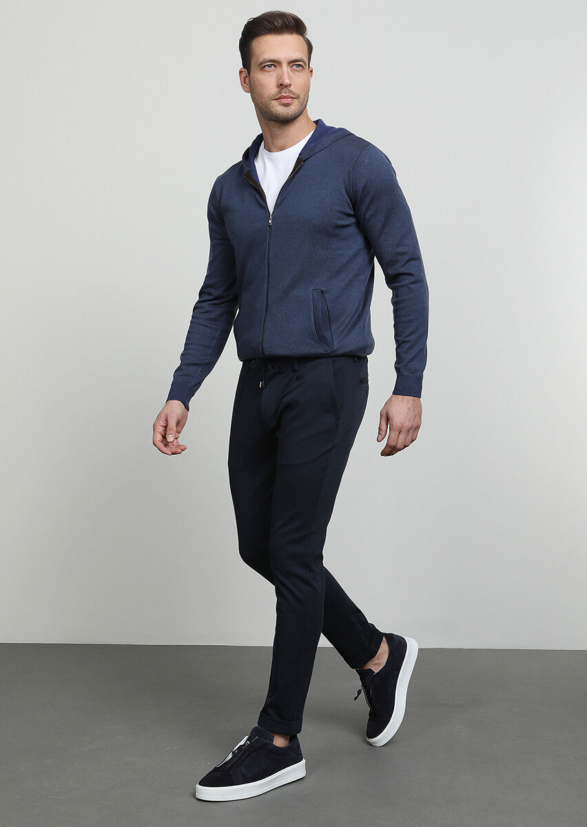 Navy Blue Knitting Jogging Fit Casual Cotton Blended Trousers - 3