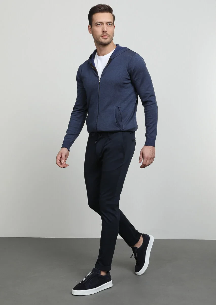 Navy Blue Knitting Jogging Fit Casual Cotton Blended Trousers - 3