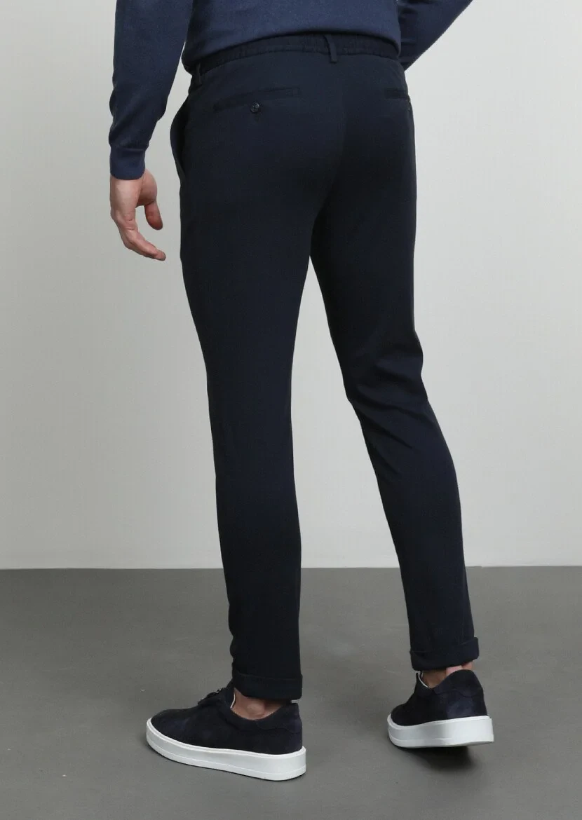 Navy Blue Knitting Jogging Fit Casual Cotton Blended Trousers - 4