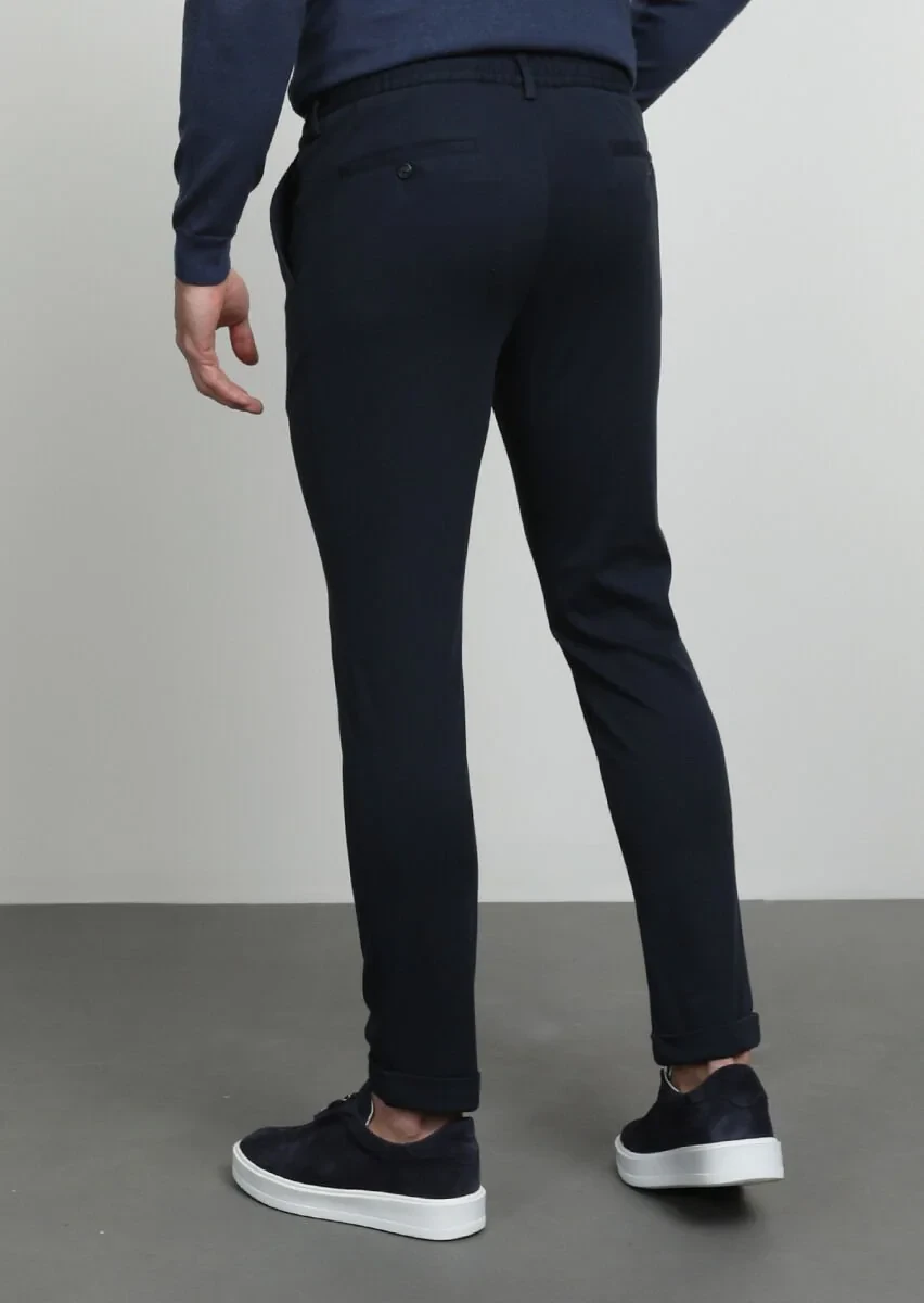 Navy Blue Knitting Jogging Fit Casual Cotton Blended Trousers - 4