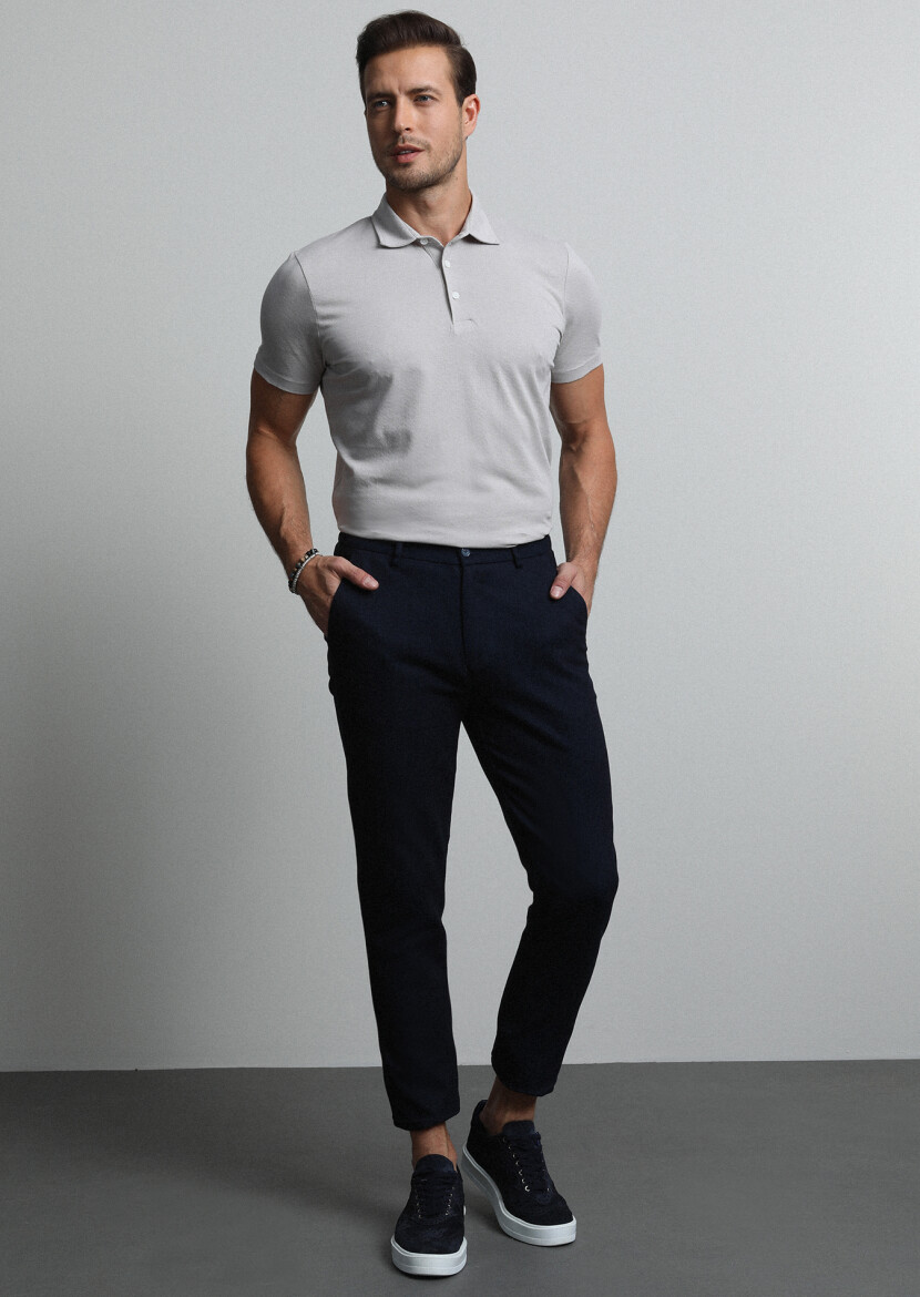Navy Blue Knitting Jogging Fit Casual Cotton Blended Trousers - 4