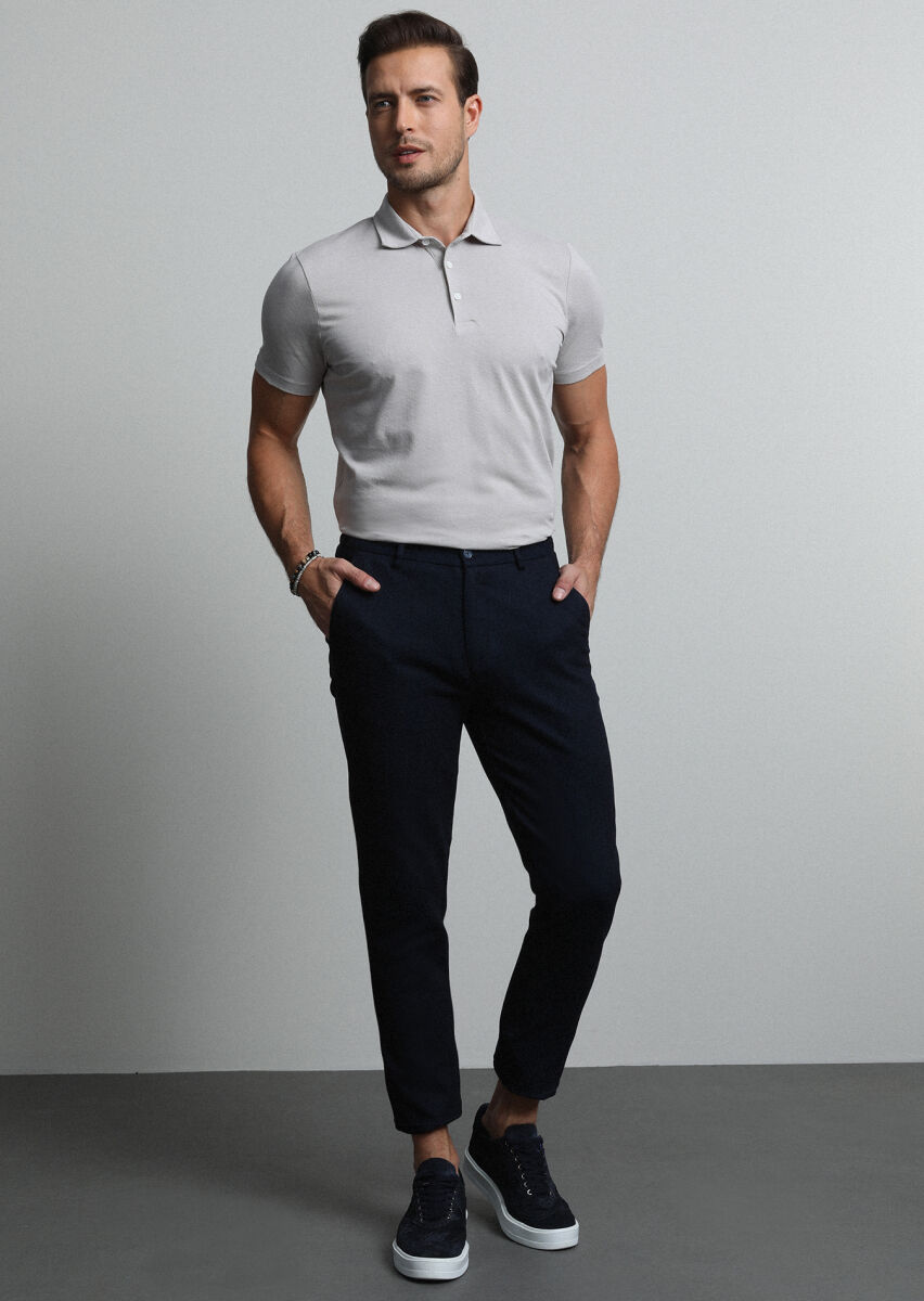 Navy Blue Knitting Jogging Fit Casual Cotton Blended Trousers - 4