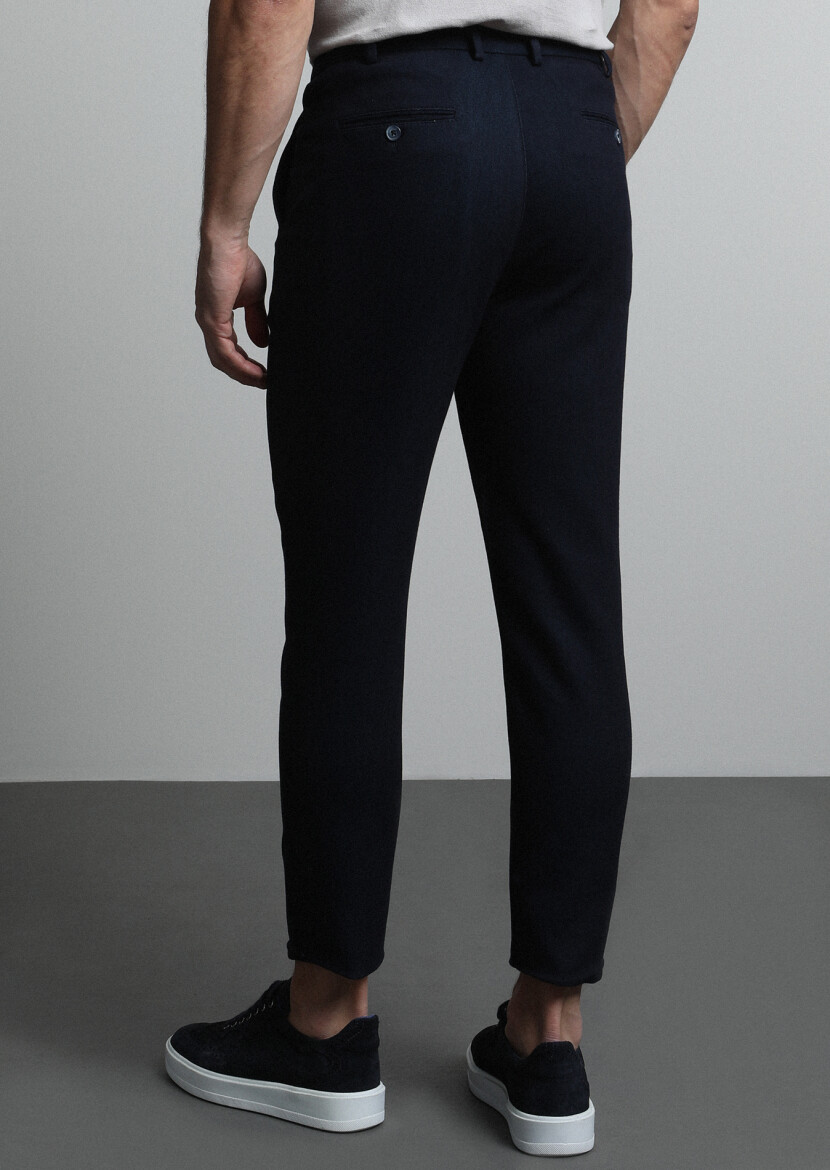 Navy Blue Knitting Jogging Fit Casual Cotton Blended Trousers - 5