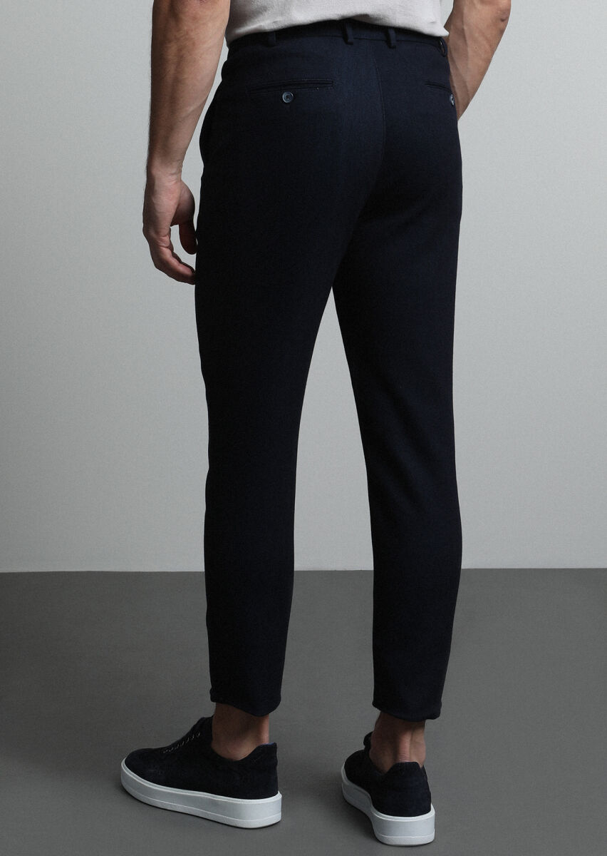 Navy Blue Knitting Jogging Fit Casual Cotton Blended Trousers - 5