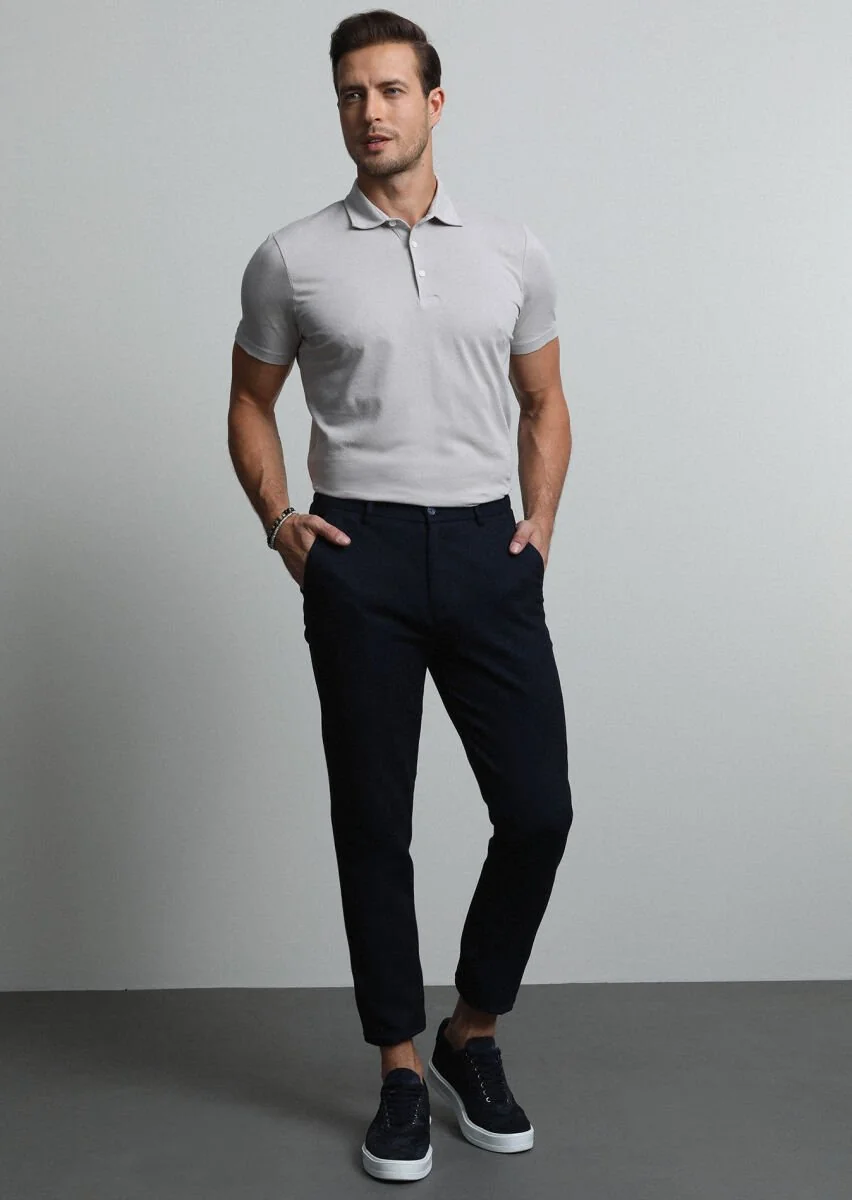 Navy Blue Knitting Jogging Fit Casual Cotton Blended Trousers - 4