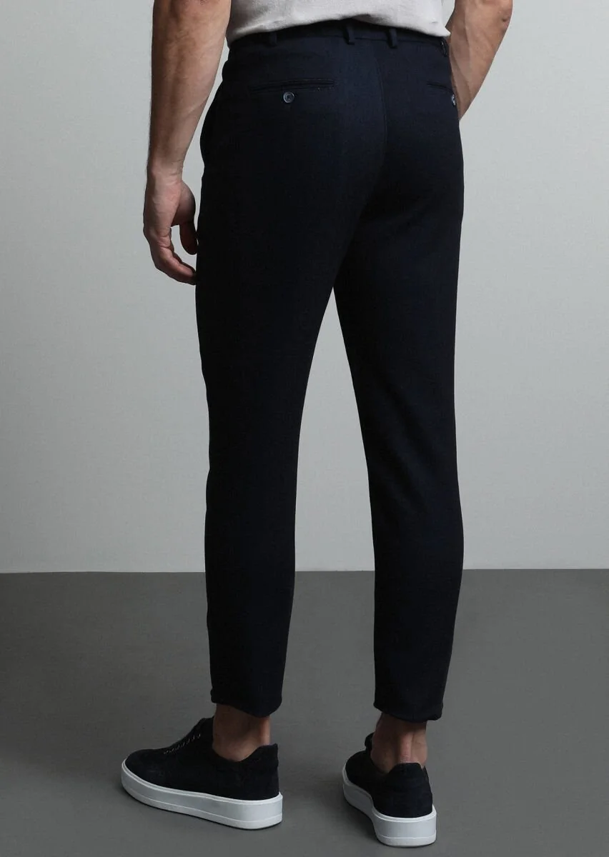 Navy Blue Knitting Jogging Fit Casual Cotton Blended Trousers - 5