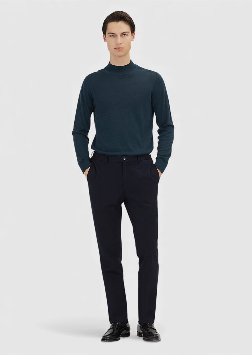 Navy Blue Knitting Modern Fit Classical Wool Blended Trousers - 1